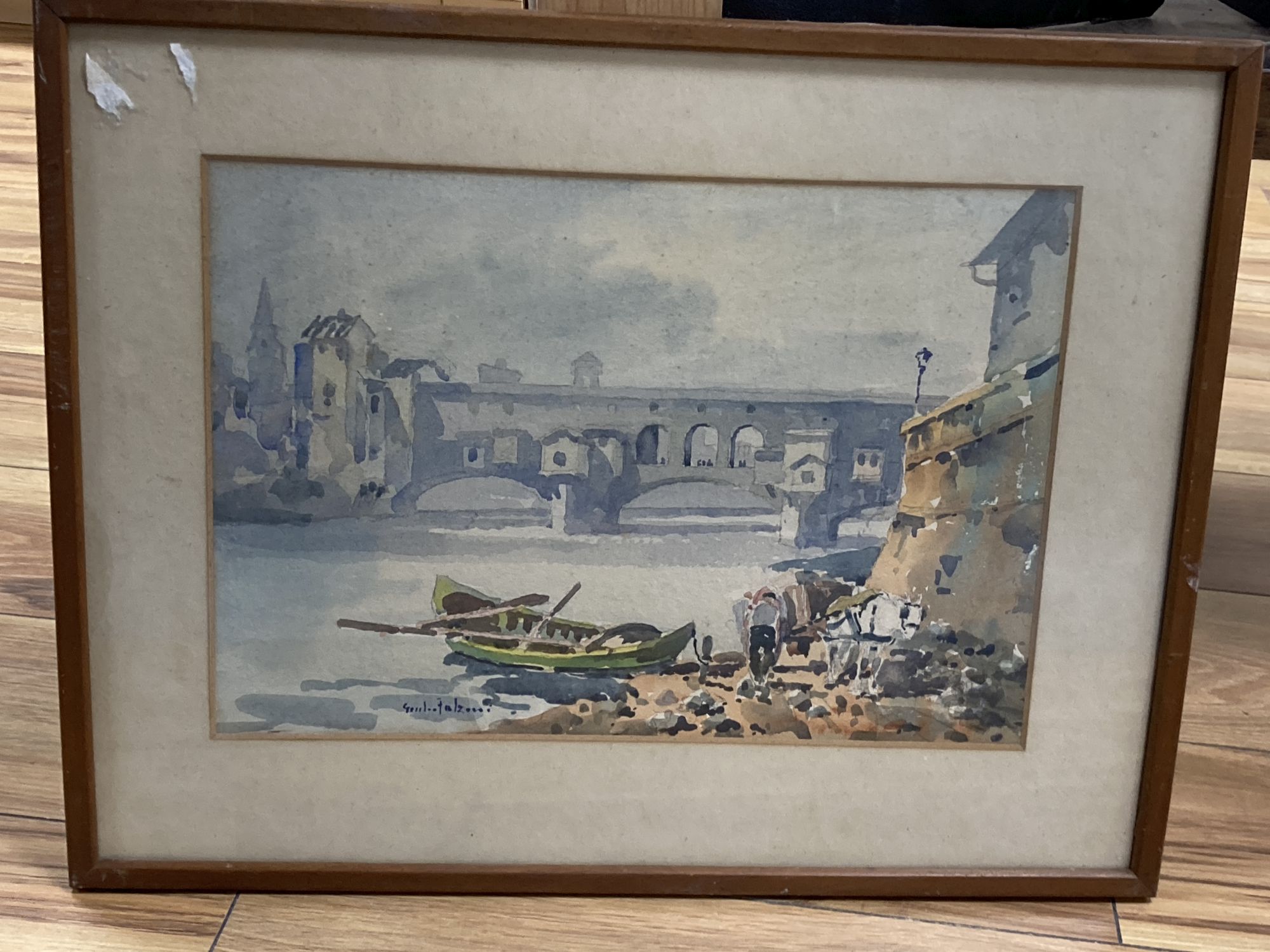 Giulio Falzoni (1900-1978), watercolour, View of the bridge at Florence, signed, 23 x 33cm